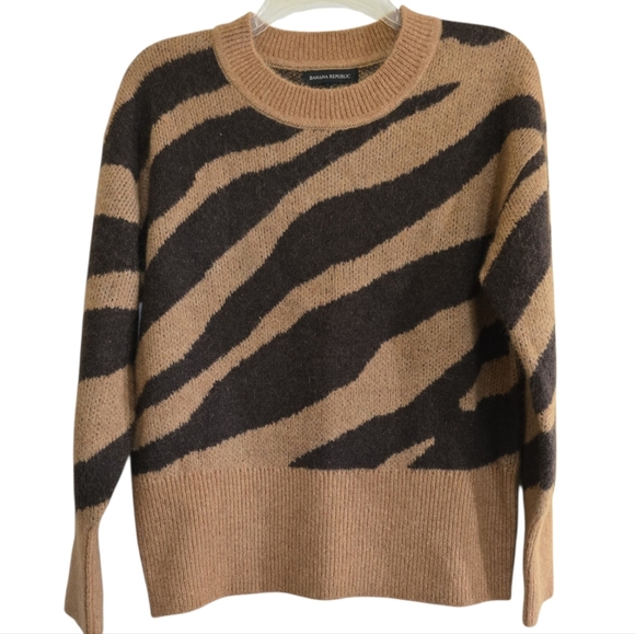 Banana Republic Alpaca Blend Zebra Wedge Motif Sweater Small Tan Brown Crewneck - Picture 2 of 6